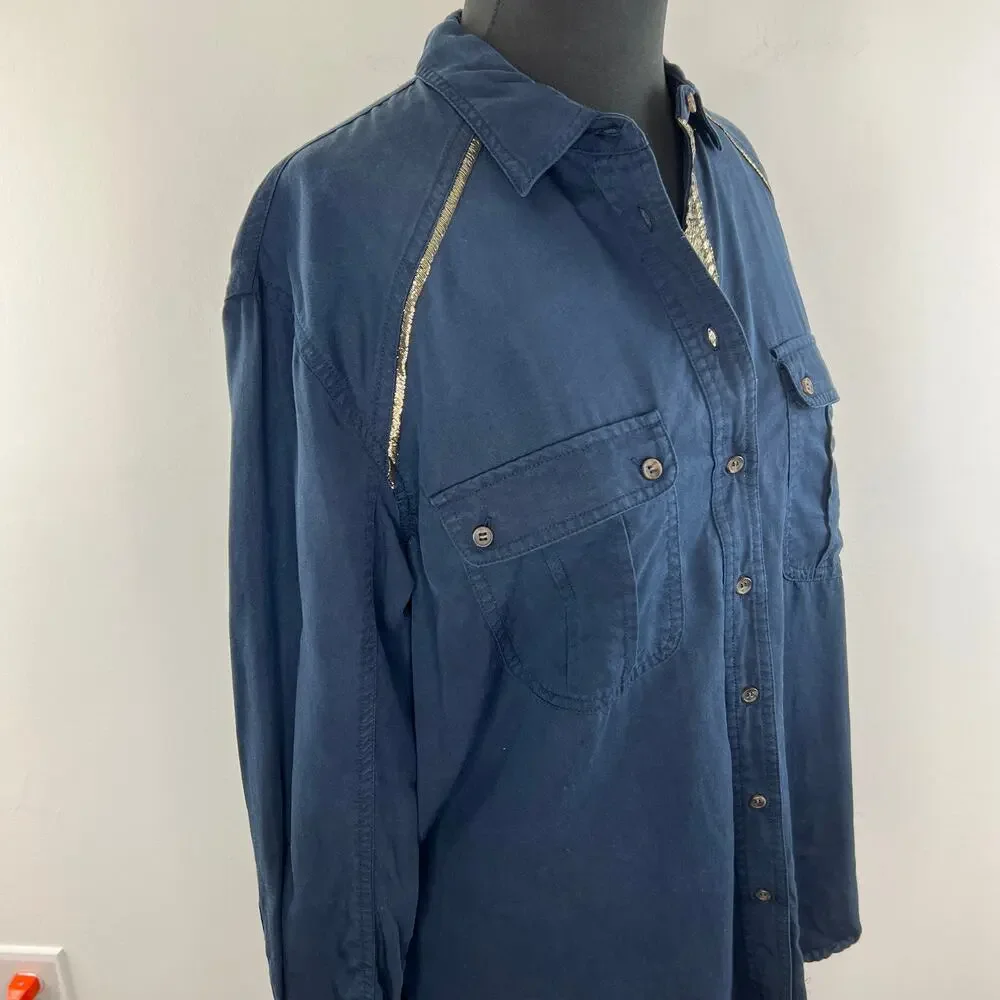 Free People Blue Off Campus Button-Down Long Sleeve Tencel Women's Shirt Size S